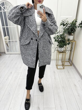 OVERSIZE kučeravý kabát Henry - bielo-čierny N1785