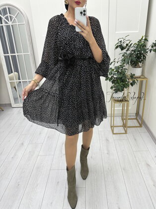 Šifónové guľkované šaty s gumičkovým výstrihom - čierno-béžové N1746