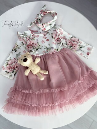 Detské kvetinové šaty s tylovou sukničkou a čelenkou Noemi - púdrovo-ružové N1860