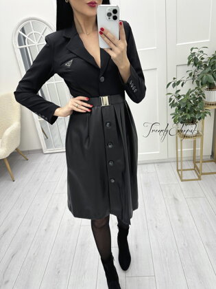 Elegantné sakové šaty s koženkovou sukňou - čierne A60