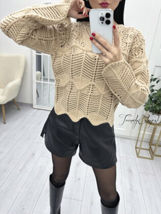 Pletený sveter s vlnovým olemovaním - hnedý N1673