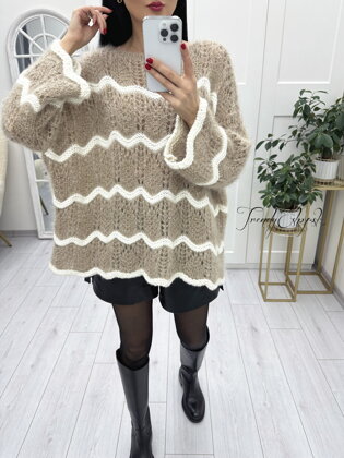 Vypletaný sveter s vlnovým lemovaním Holly - hnedo-biely N2927