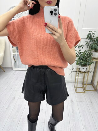 Rebrovaný sveter s krátkymi rukávmi Claire - oranžový A158