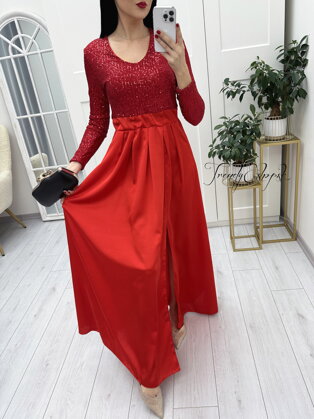 Dlhé flitrované šaty so saténovou sukňou - červené N2805