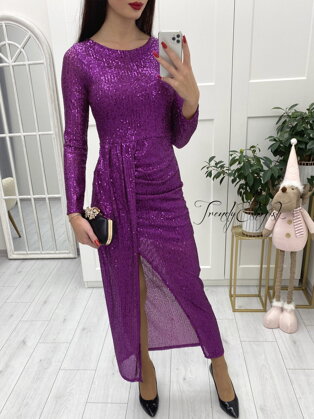 Dlhé flitrované šaty s rozparkom - fialové N2388