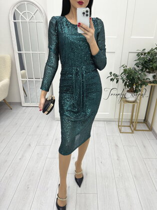Flitrované šaty s predným riasením Elzie - smaragdové N2379