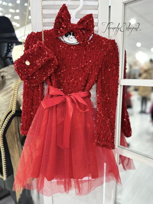 Detské flitrované šaty s kabelkou a čelenkou - červené N2451