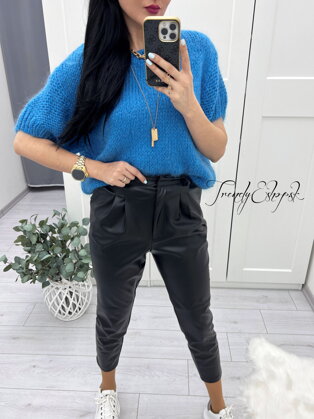 Jednoduchý OVERSIZE sveter s krátkymi rukávmi - modrý S268