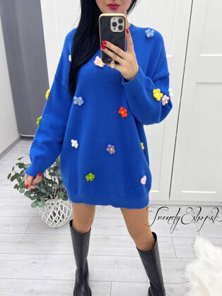 Dlhý sveter s kvetinami Felix - modrý S29