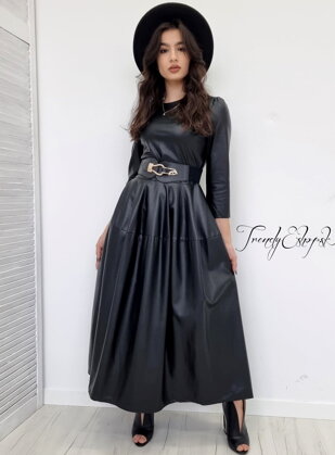 Dlhé koženkové šaty Sebilinne - čierne S1362
