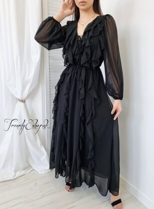 Šifónové šaty s volánmi Princess - čierne S1518