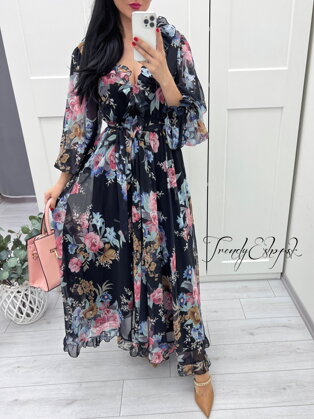 Šifónové kvetinové šaty Madyson - čierne S1462