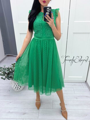 Tylové šaty s volánovými rukávmi Ennie - zelené S1563