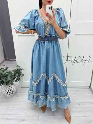 Dlhé riflové šaty s neobšitým lemom Elisabeth - modré S1685