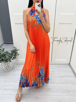 Dlhé kvetinové plisované šaty Esther - oranžové S1821