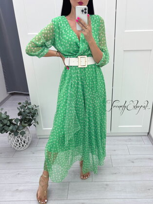 Guľkované šifónové šaty s opaskom - zeleno-biele S2098