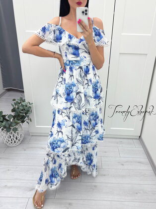 Dlhé šaty na ramená s plisovanými volánmi Enchye - bielo-modré S2176