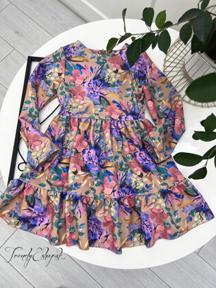 Detské kvetinové šaty Wolvie - hnedo-ružovo-fialové S2966