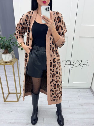 Dlhý leopardí sveter na gombíky - hnedo-čierny S2984