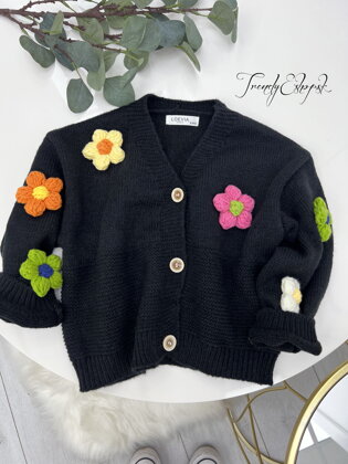 Detský svetrík na gombíky s kvetinami - čierny S2509