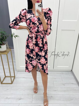 Zavinovacie kvetinové šaty Clarisse - čierno-ružové S2673