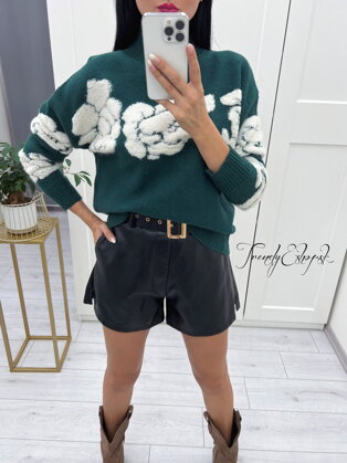 Pletený sveter so stojačikom Franz - smaragdovo-biely S2692