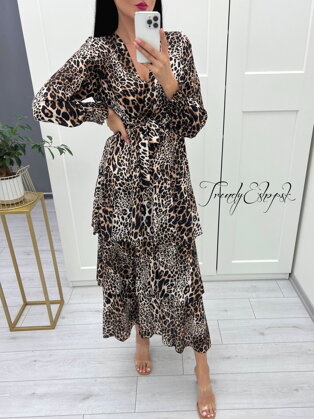Dlhé leopardie šaty s volánovou sukňou - hnedo-čierne S2789