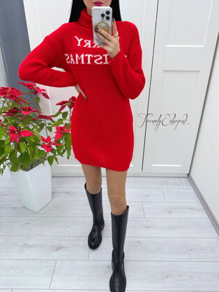 Pletené rolákové šaty / sveter Merry Christmas - červené S3600