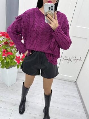 Hrubší vypletaný sveter so strapcami Dexter - karmínový S3609