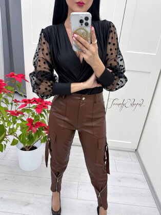 Koženkové kapsáčové nohavice Nesthy - čokoládovo-hnedé S3715