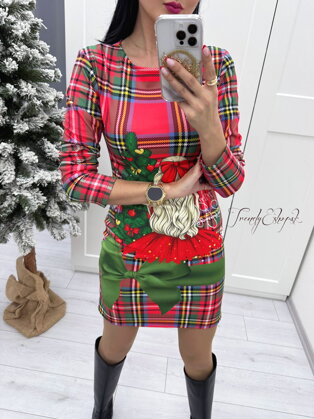 Obtiahnuté kárované šaty Christmas Girl - červeno-zelené S3803