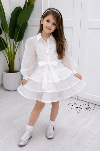 Biele košeľové šaty s kamienkami a volánovou sukničkou C117