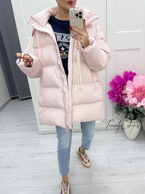 Svetloružová oversize páperová bunda s kapucňou C26