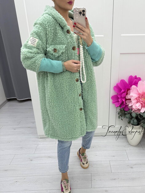 Kučeravý kabát s kapucňou a rebrovanými rukávmi - zelený C127