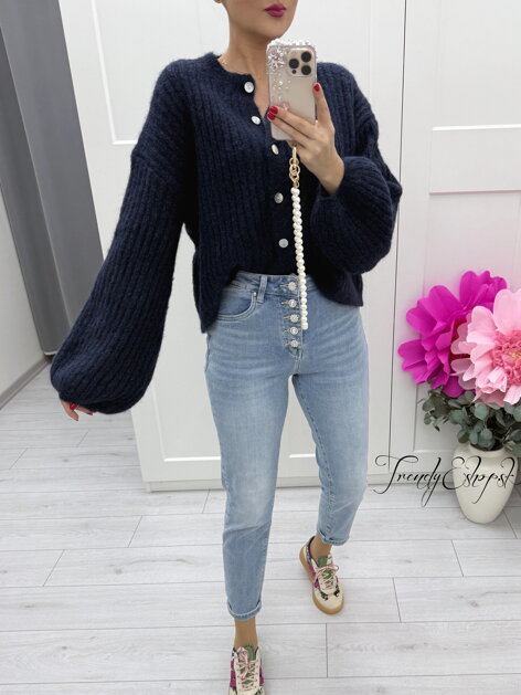 Rebrovaný kardigán s gombíkmi VIOLET - tmavomodrý C155