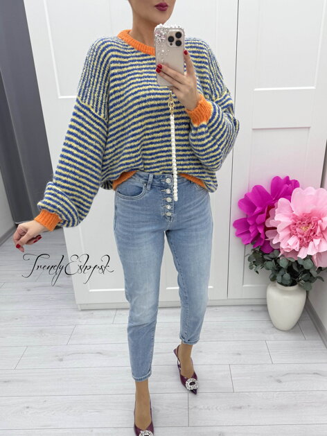 Prúžkovaný sveter s oranžovým lemovaním - modro-žltý C93