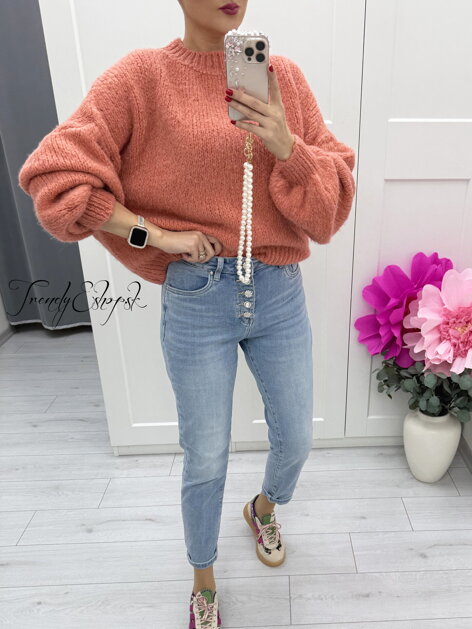 Úpletový sveter s balónovými rukávmi Elijah - korálový C35