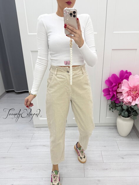 Menčestrové nohavice s riaseným pásom - béžové C50