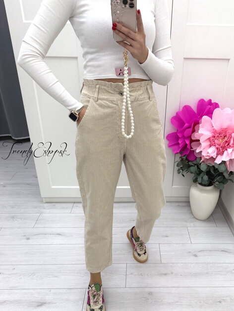 Menčestrové nohavice s riaseným pásom - béžové C50