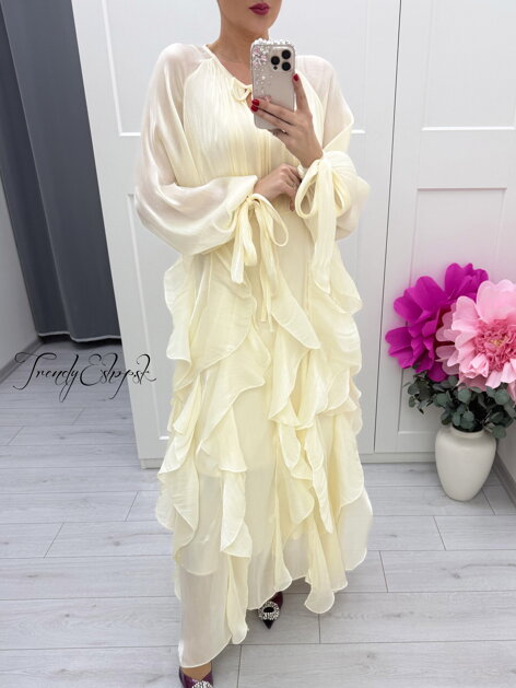 Svetložlté šaty s dlhou volánovou sukňou C106