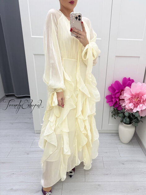 Svetložlté šaty s dlhou volánovou sukňou C106