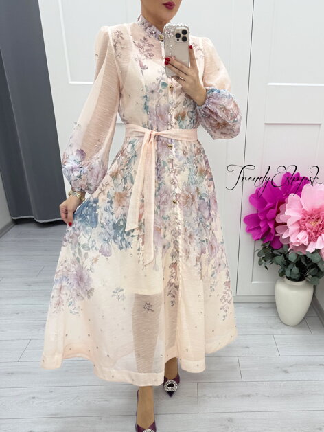 Ružovo-fialové kvetinové šaty s kamienkami a ozdobnými gombíkmi C108