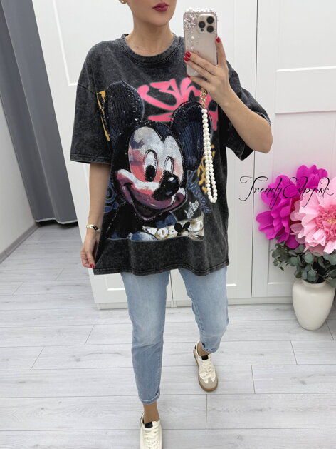 Dlhšie oversize tričko s flitrami MICKEY - tmavosivé C80