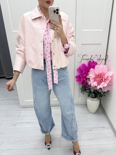 Ružová koženková bunda s golierom ITALY C28