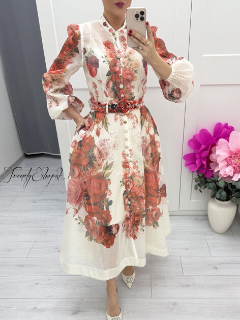 Červeno-krémové kvetinové šaty s ozdobnými gombíkmi C251