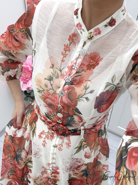 Červeno-krémové kvetinové šaty s ozdobnými gombíkmi C251