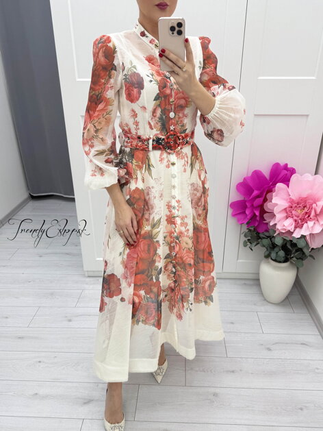 Červeno-krémové kvetinové šaty s ozdobnými gombíkmi C251