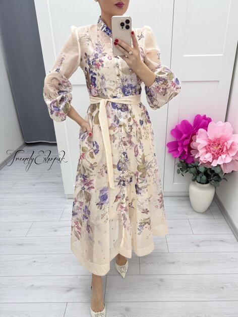 Fialovo-béžové kvetinové šaty s kamienkami a ozdobnými gombíkmi C252