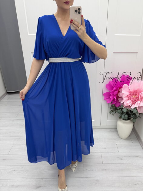 Dlhé parížske modré šaty so štrasovým opaskom C288