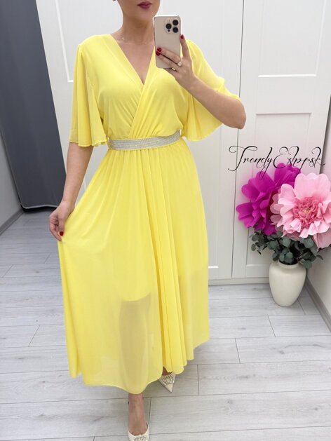 Dlhé žlté šaty so štrasovým opaskom C290
